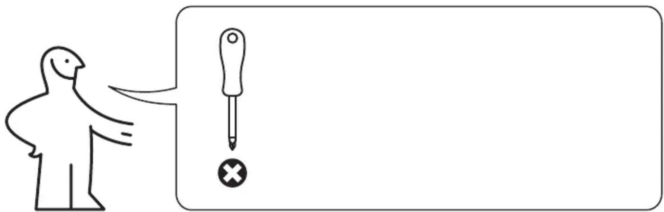Simple line drawing showing a person pointing to a screwdriver with an exclamation mark, next to a blank rectangular box.