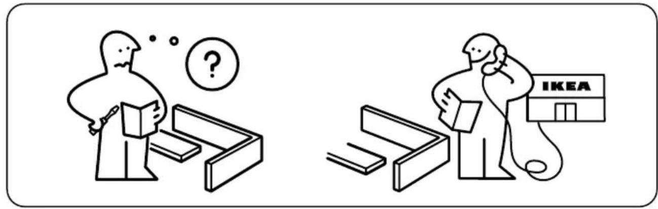 Illustration showing two scenes: one with a person reading and thinking, the other with a person holding a IKEA phone and asking for a question mark.