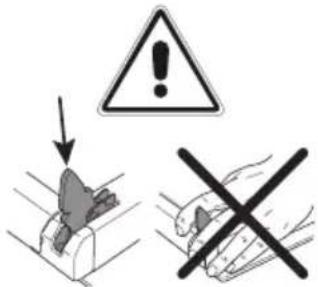Warning symbol illustration showing a warning triangle with an exclamation mark and a hand holding a cross symbol.