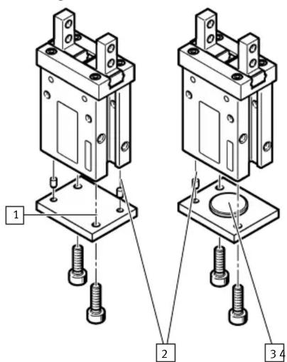 Technical diagram showing two mechanical assembly setups with numbered components and bolted connections