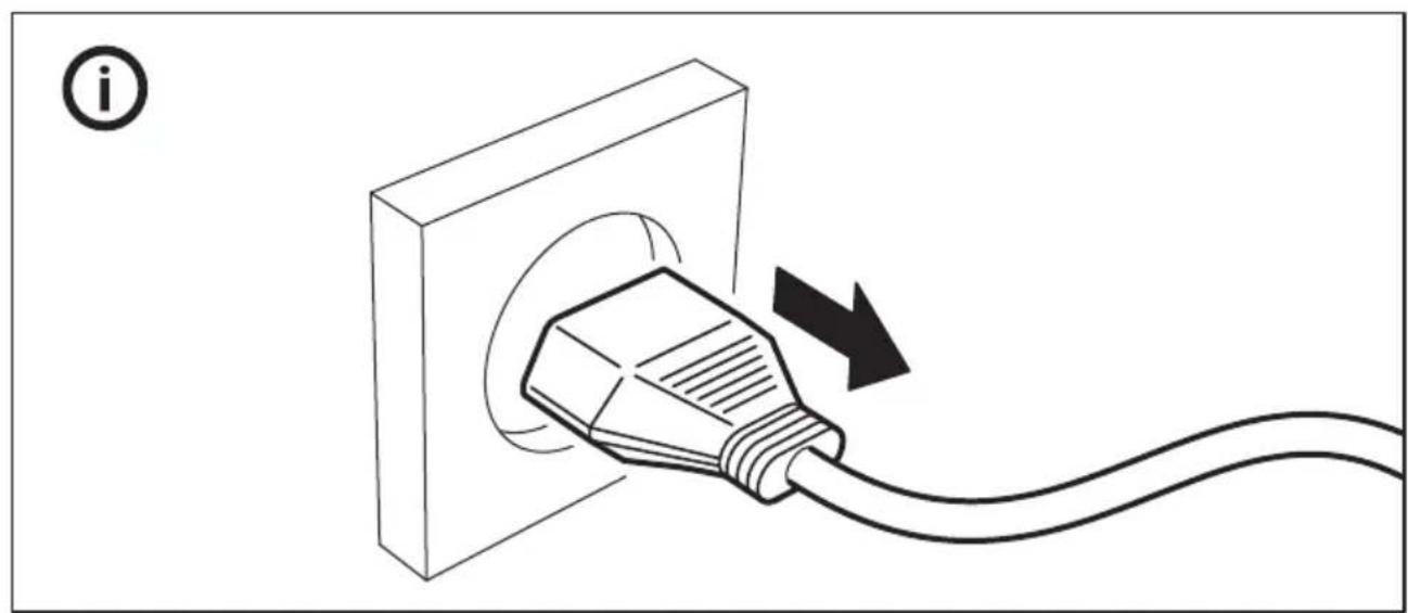Line drawing of a plug inserted into a socket with a cable, showing a black arrow indicating direction (no text or symbols)
