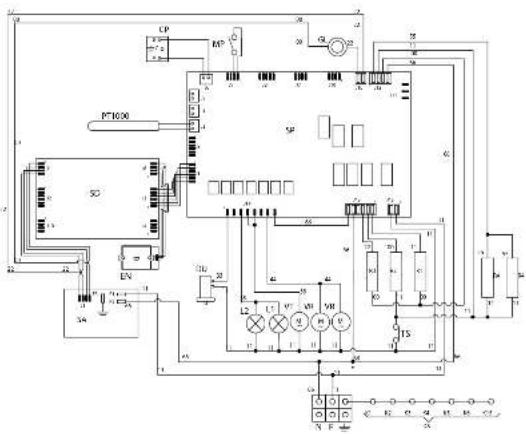 Electrical circuit diagram with labeled components including PC, PT100, SC, EN, and various switches, relays, and meters