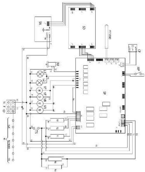 Electrical schematic diagram with labeled components and connections, including capacitors, resistors, switches, and a central control unit.