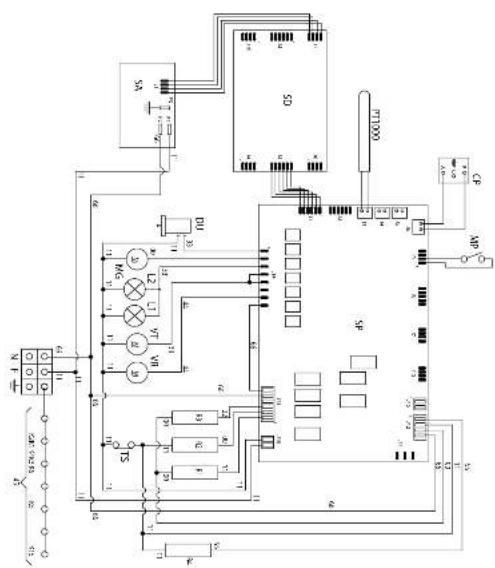 Electrical schematic diagram with labeled components and connections, including switches, relays, and power supply connections.