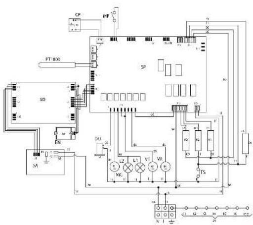 Electrical circuit diagram with labeled components including power supply, motor, and control elements