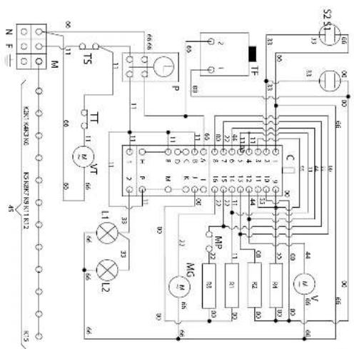 Electrical schematic diagram with labeled components and connections, including transformers, capacitors, relays, and meters