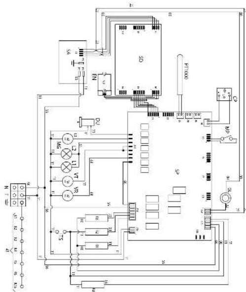 Electrical schematic diagram with labeled components and connections, including switches, relays, and meters