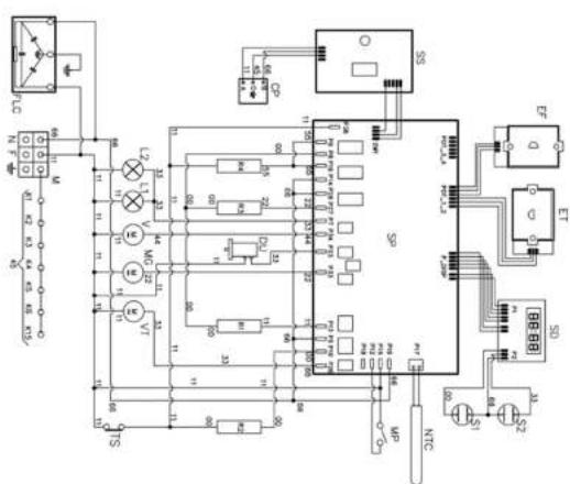 Electrical schematic diagram with labeled components including ICs, relays, switches, and meters