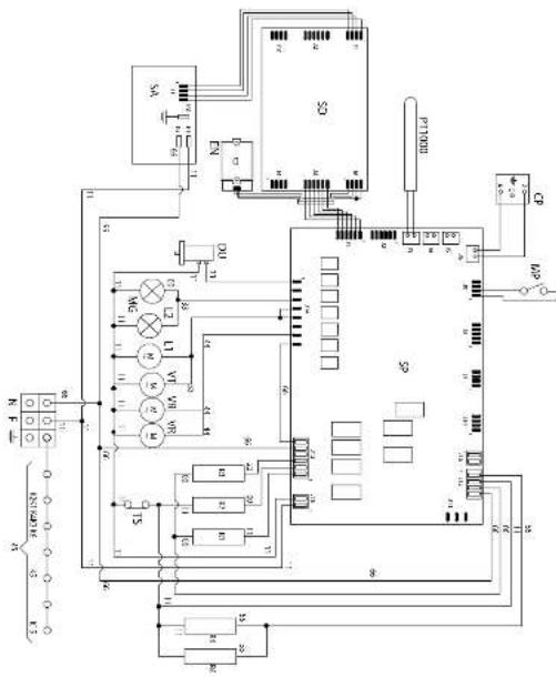 Electrical schematic diagram with labeled components and connections, including switches, relays, and power supply connections.