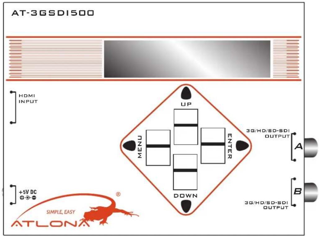AT-3GSDI500 HDMI INPUT UP JUNM ENTER DOWN 3G/HD/SD-SDI OUTPUT A +5V DC + - SIMPLE, EASY ATLONA B 3G/HD/SD-SDI OUTPUT