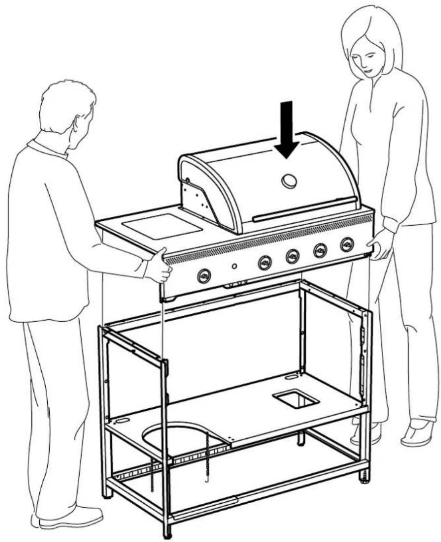 Line drawing of two people assembling a portable stove with a gas stove, no text or symbols present