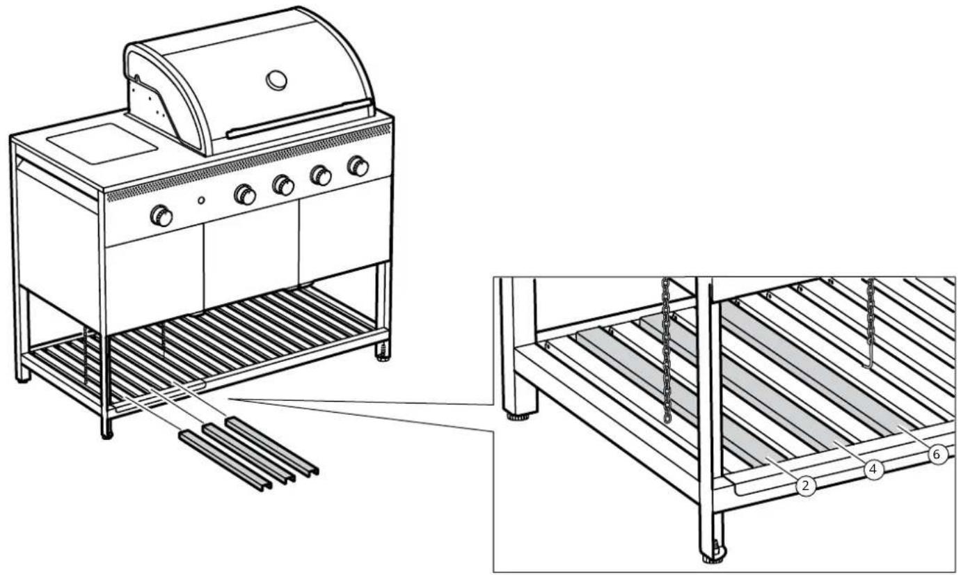 Technical diagram of a grill with labeled components and exploded view showing internal structure