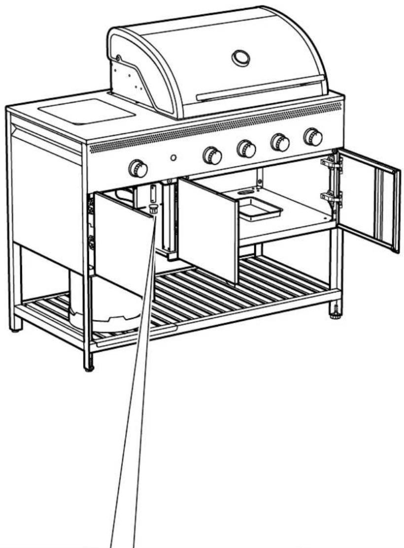 Line drawing of a gas stove with open doors and internal compartments (no text or symbols)