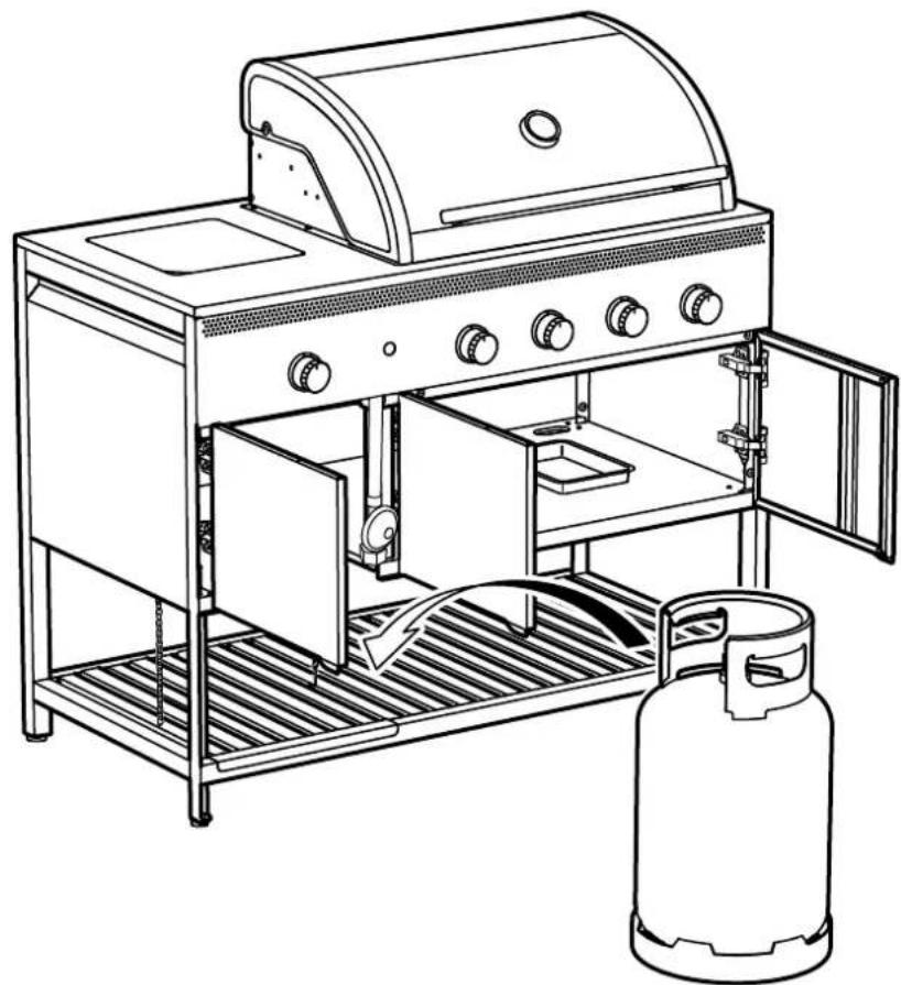 Line drawing of a gas stove with open doors, grilles, and a gas cylinder (no text or symbols)