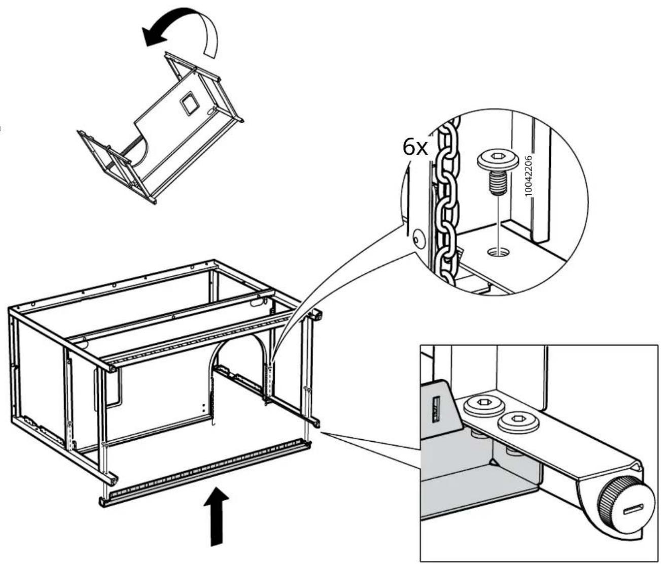 Technical diagram illustrating a mechanical assembly with labeled components and motion indicators