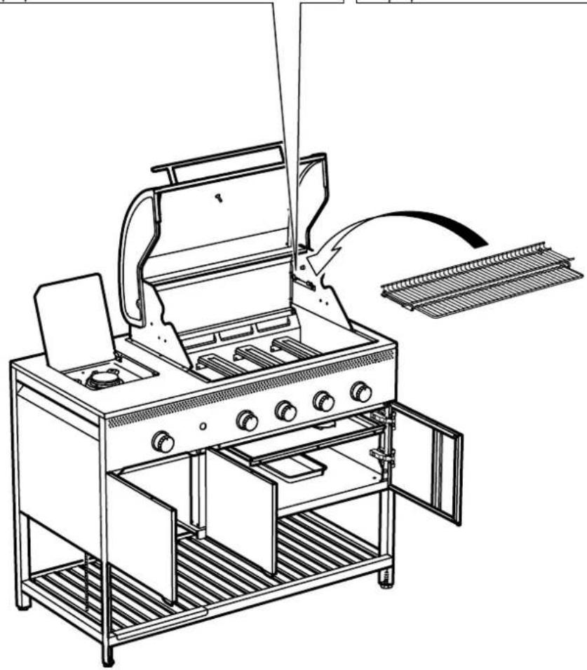 Line drawing of a gas stove with open doors and internal components (no text or symbols)