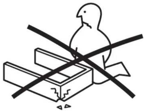 Simple line drawing of a bird perched on a construction block with two crossed lines (no text or symbols)