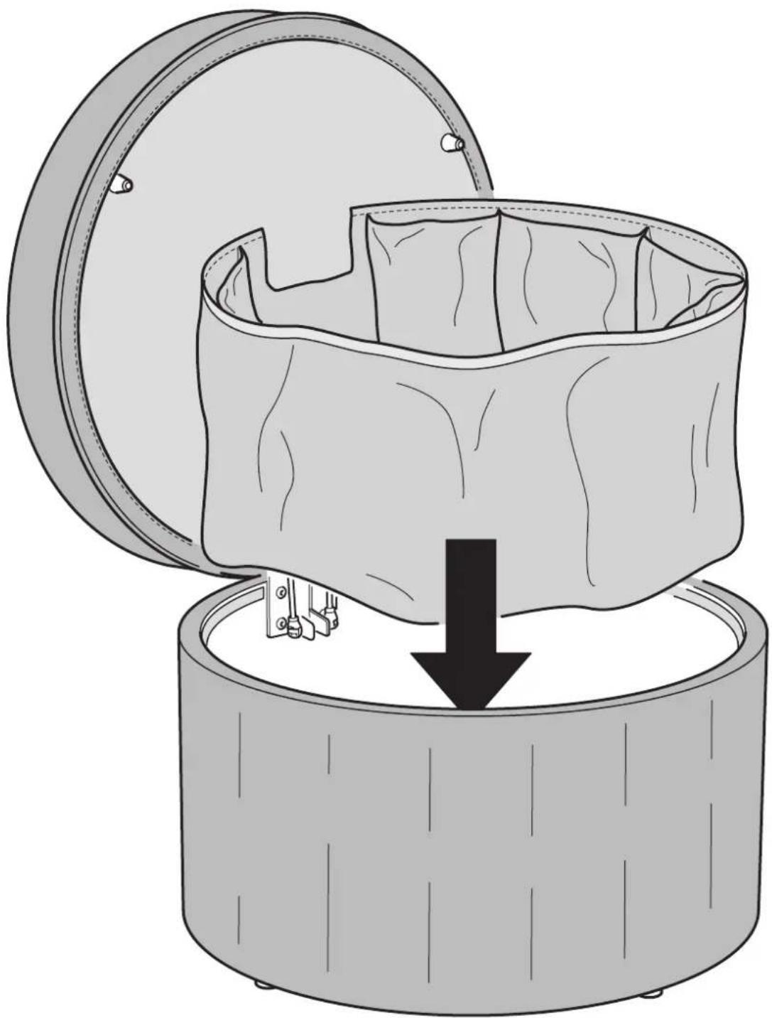 Illustration of a mechanical device with a lid and internal casing, showing a downward arrow indicating compression or disassembly (no text or symbols present)