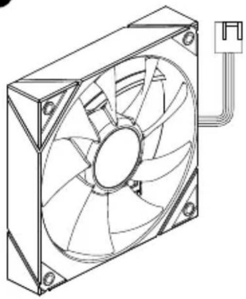 Technical line drawing of a computer CPU fan with heatsink and power outlet (no text or symbols)