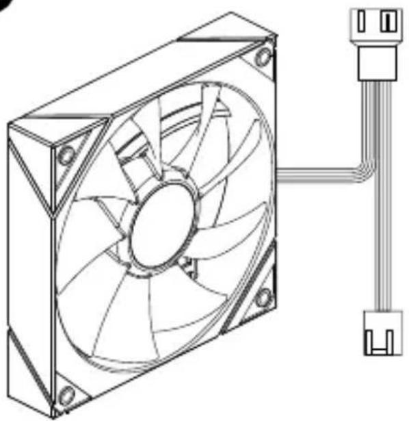 Technical line drawing of a computer fan with attached power connector (no text or symbols)