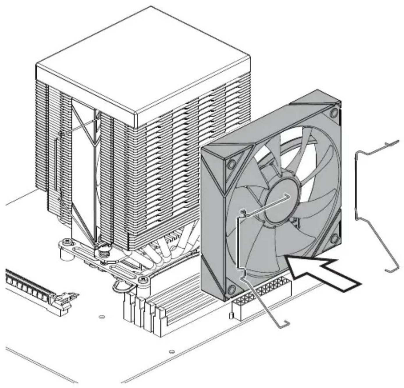 Technical illustration of a computer cooling unit with visible fan and cooling tower (no text or labels)