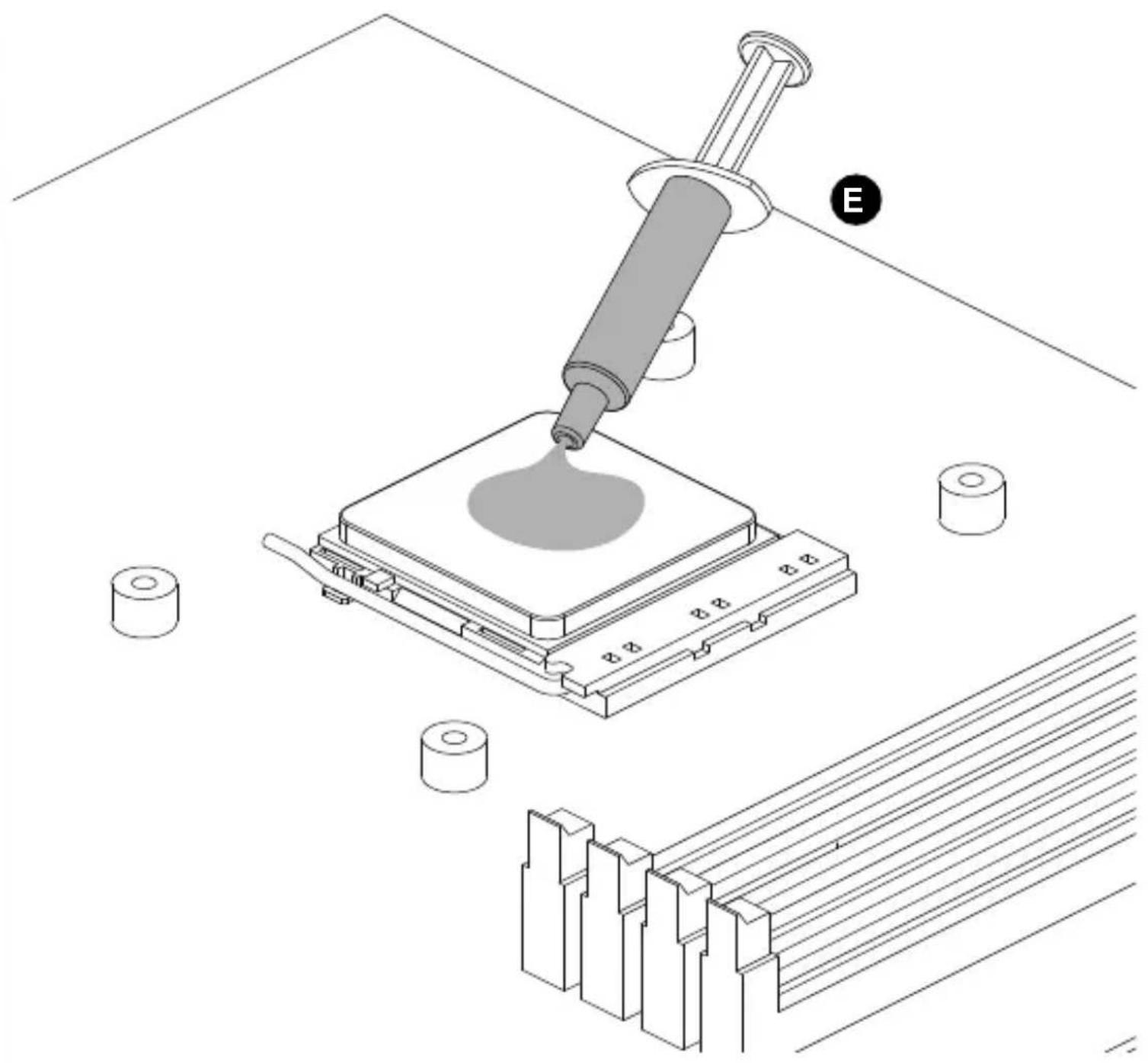 Technical illustration of a mechanical assembly with a pipette dispensing liquid into a base, surrounded by cylindrical components and a grid-like structure (no text or symbols)