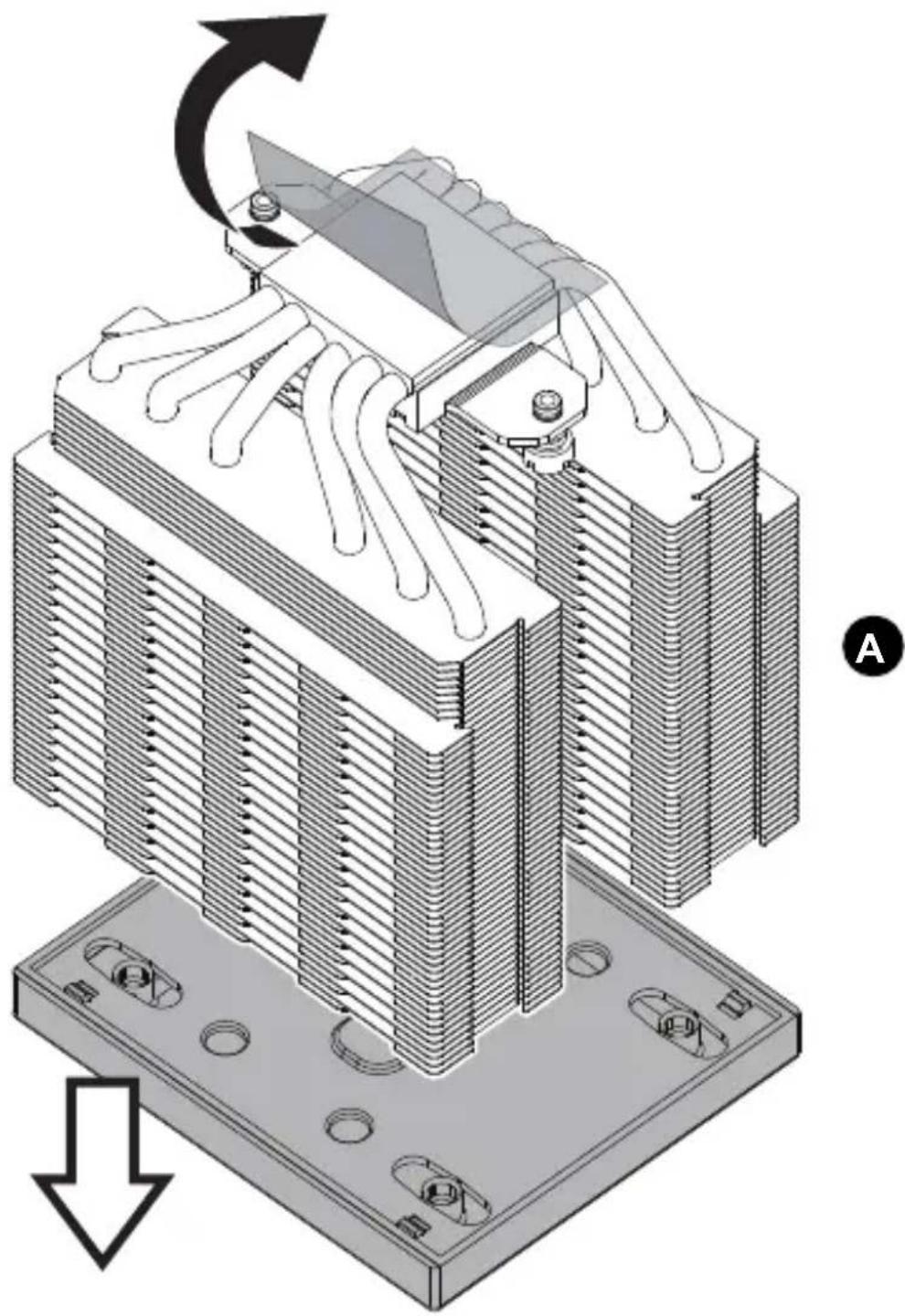 Isometric technical diagram of a heat exchanger or cooling unit with cooling fins and cooling elements, showing internal structure and directional arrows (no text or symbols)