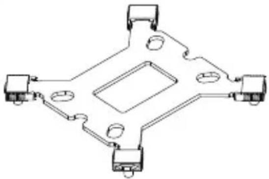 Technical line drawing of a mechanical component with four mounting holes and a central square cutout (no text or symbols)