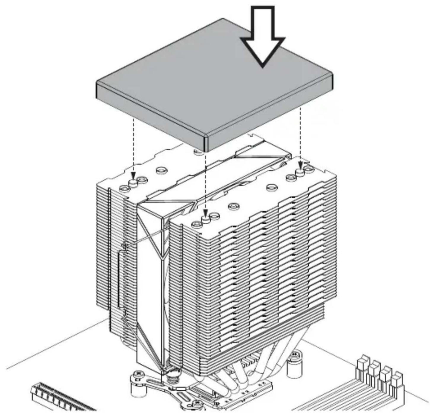 Isometric technical diagram of a heat exchanger with cooling unit and cooling tower, showing internal components and airflow direction (no text or labels)