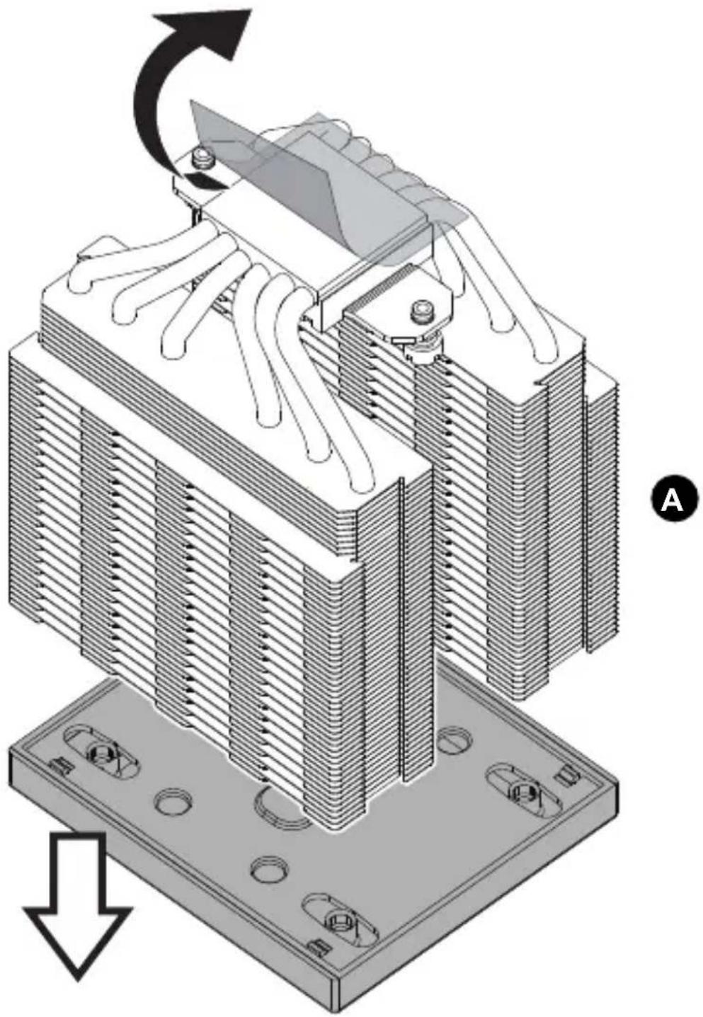 Isometric diagram of a heat exchanger or cooling unit with cooling fins and cooling elements, showing internal structure and airflow direction (no text or symbols)