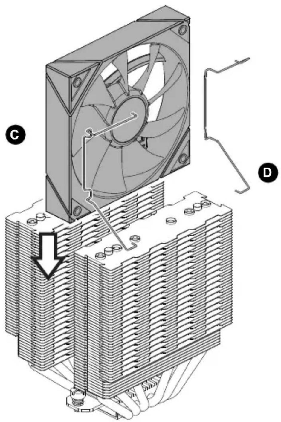 Technical diagram of a computer cooling system with labeled components C and D, showing fan assembly and cooling mechanism.