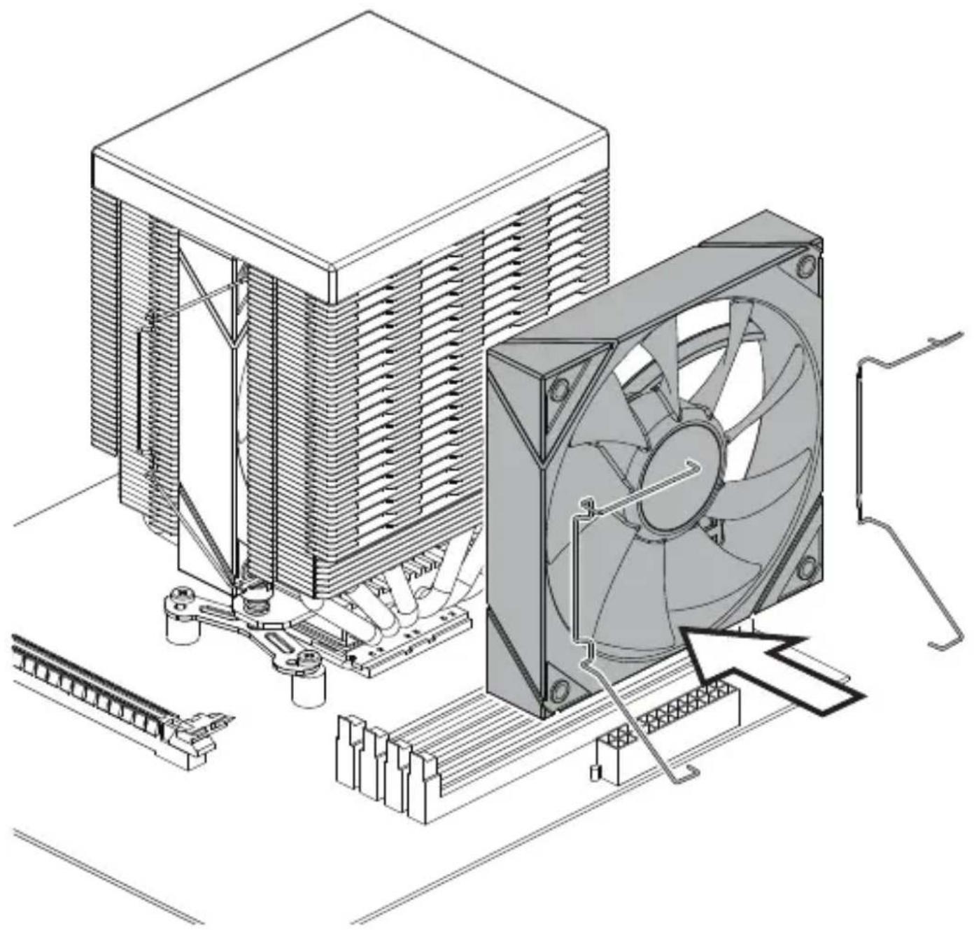 Technical illustration of a computer cooling unit with cooling fan and cooling tower (no text or symbols)