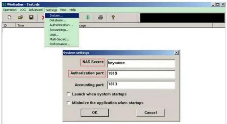 WinRadius - Test.rds Operation LOG Advanced Settings View Help System... Database... Authentication... Accountings... Logs... Multi-Secret... Performance... sage System settings NAS Secret: keyname Authorization port: 1819 Accounting port: 1813 Launch when system startups Minimize the application when startups OK Cancel