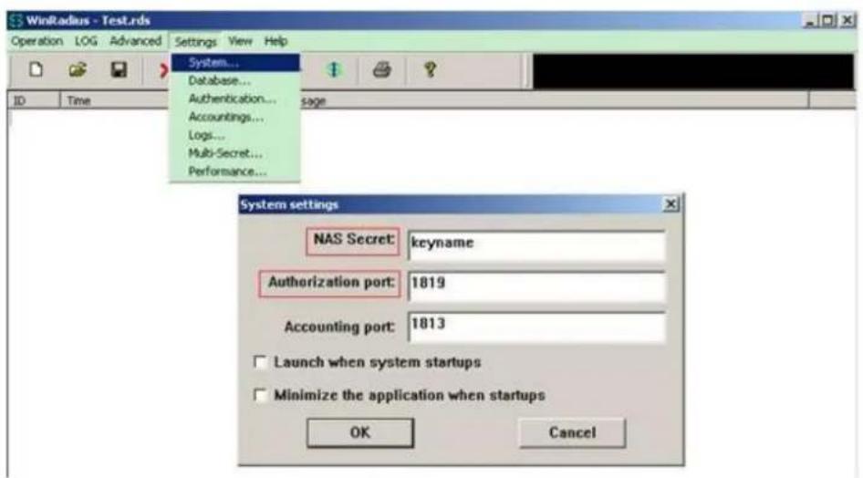 WinRadius - Test.rds Operation LOG Advanced Settings View Help System... Database... Authentication... Accountings... Logs... Multi-Secret... Performance... ID Time Sage System settings NAS Secret: keyname Authorization port: 1819 Accounting port: 1813 Launch when system startups Minimize the application when startups OK Cancel