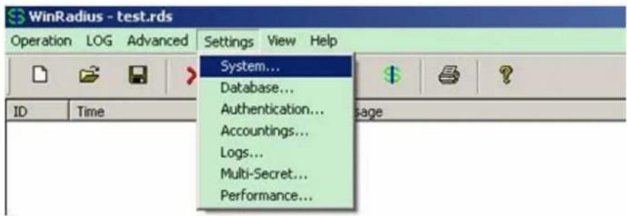 WinRadius - test.rds Operation LOG Advanced Settings View Help System... Database... Authentication... Accountings... Logs... Multi-Secret... Performance...