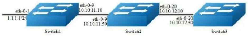 eth-0-1 1.1.1.1/24 Switch1 eth-0-9 10.10.11.10 10.10.11.50 eth-0-9 10.10.11.50 Switch2 eth-0-20 10.10.12.10 10.10.12.50 eth-0-20 10.10.12.50 Switch3