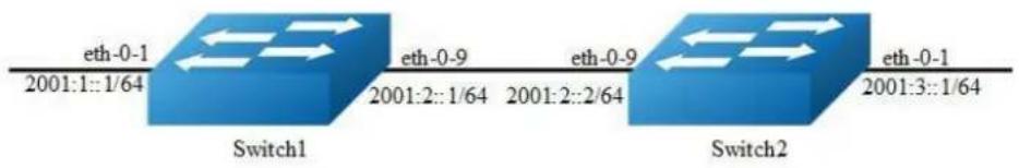 eth-0-1 2001:1::1/64 Switch1 eth-0-9 2001:2::1/64 eth-0-9 2001:2::2/64 Switch2 eth-0-1 2001:3::1/64