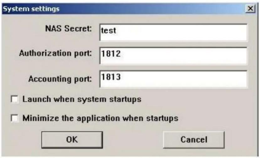 System settings NAS Secret: test Authorization port: 1812 Accounting port: 1813 Launch when system startups Minimize the application when startups OK Cancel