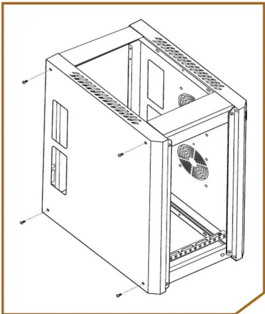 Technical line drawing of a computer case with labeled components and ventilation slots