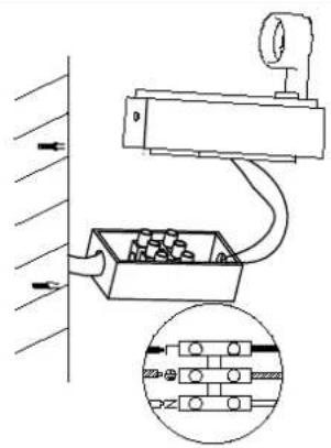 Technical diagram showing a surveillance camera mounted on a wall with an inset close-up of its internal components.