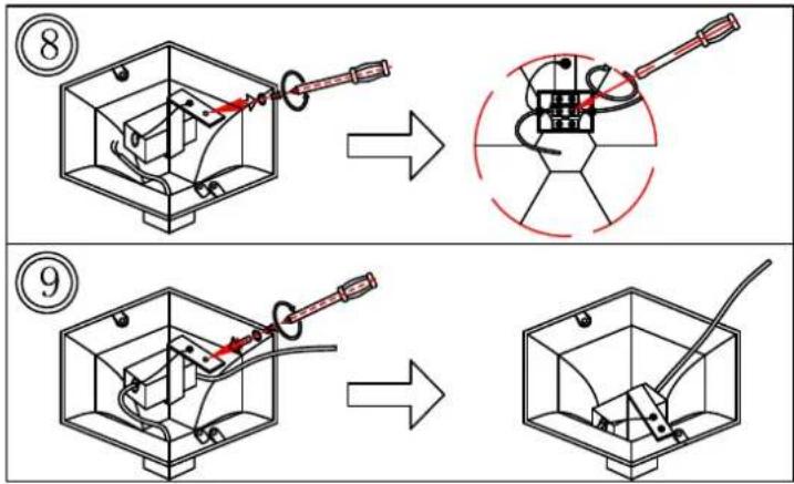 Technical diagram illustrating the process of a mechanical assembly with labeled steps ⑧ and ⑨, showing tool positioning and assembly.