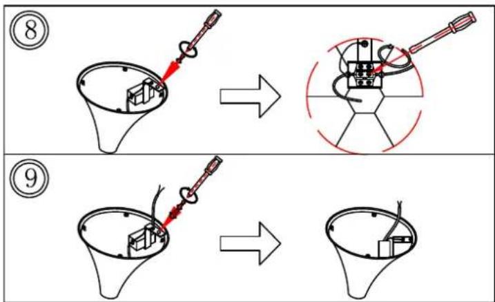 Diagram illustrating two-step mechanical assembly or disassembly process, labeled ⑧ and ⑨ with tool illustrations and component diagrams.