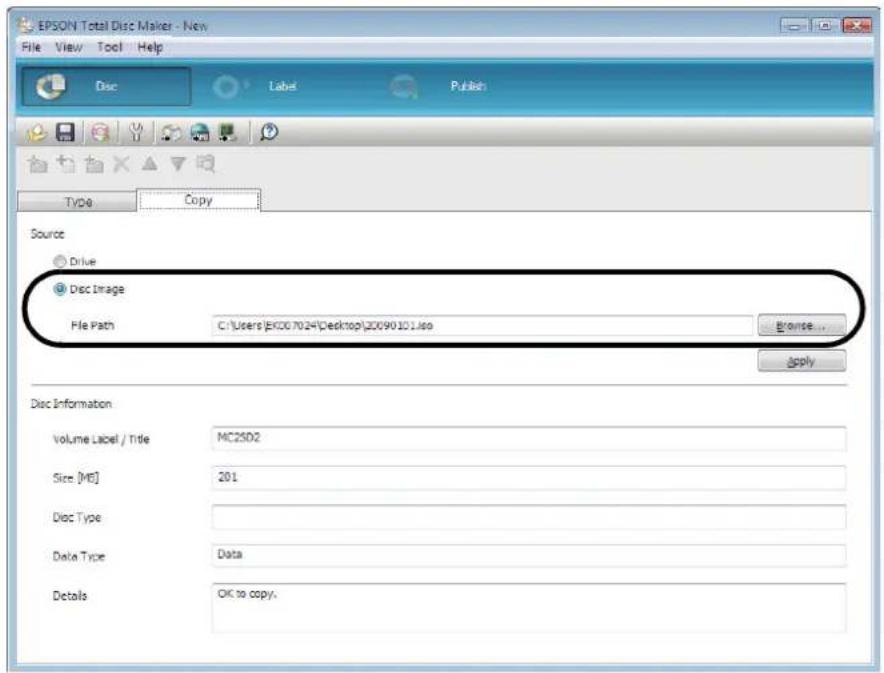 EPSON PP-100N - Select [Disc Image] for [Source], click [Browse], and specify the disc image file. - 1