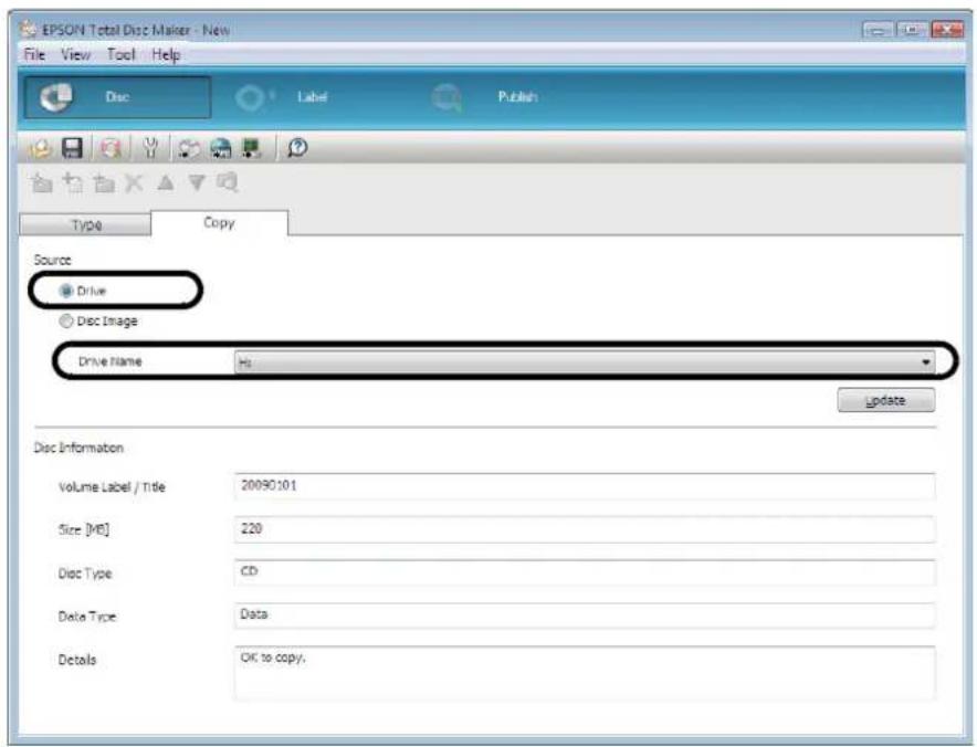 EPSON PP-100N - Select [Drive] for [Source], and select the name of the drive in which you inserted the disc. - 1