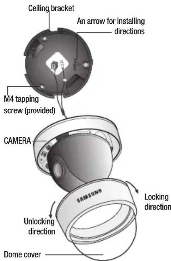 Ceiling bracket An arrow for installing directions M4 tapping screw (provided) CAMERA SAMSUNG Locking direction Unlocking direction Dome cover