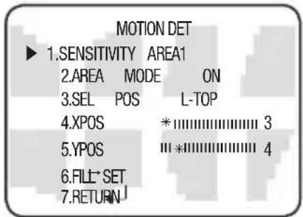 MOTION DET ► 1.SENSITIVITY AREA1 2.AREA MODE ON 3.SEL POS L-TOP 4.XPOS *|||||||||||||| 3 5.YPOS ||*|||||||||||||| 4 6.FILL SET 7.RETURN