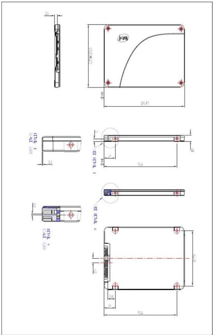 Technical drawing with multiple orthographic views and dimension annotations for mechanical parts