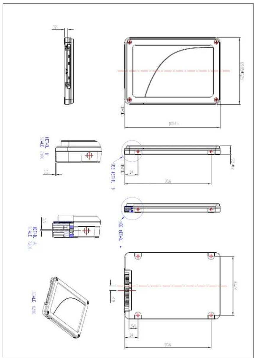 Technical drawing of a mechanical component with multiple orthographic projections and dimension annotations