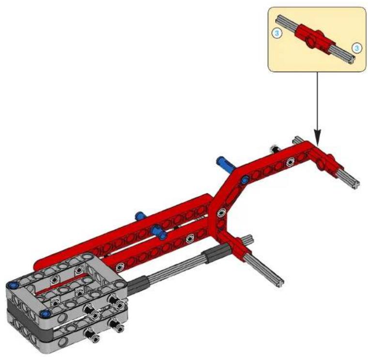 3D mechanical assembly diagram showing a red linkage mechanism with blue bolts and metal rods, no text or symbols present