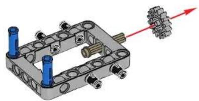 3D mechanical assembly diagram showing a bracket with multiple bolt holes and a red arrow indicating direction (no text or symbols)